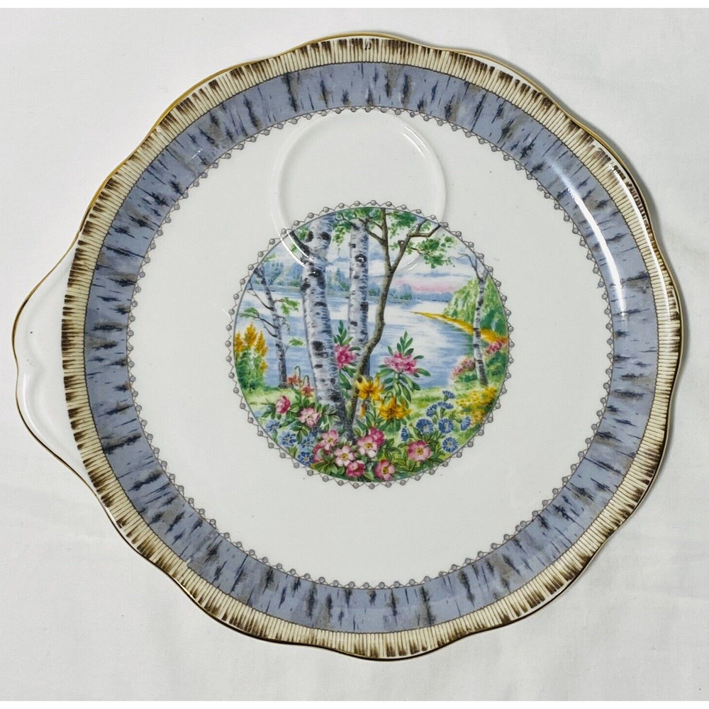 Vtg ROYAL ALBERT England SILVER BIRCH pattern handled snack plate 9" Bone China